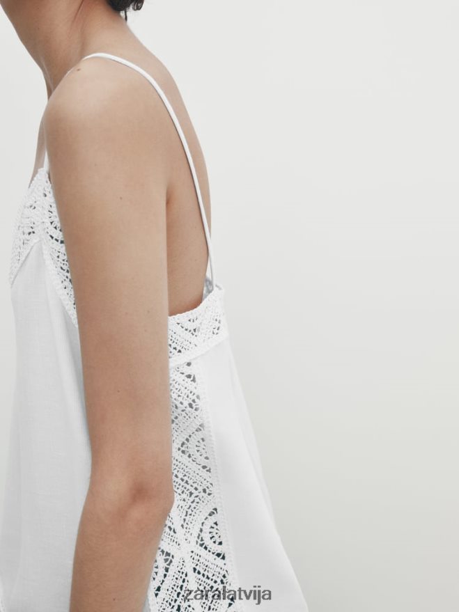 siksnu tops ar tamborētu detaļu sievietes Zara austeru balts 6ZTV40846 apģērbs