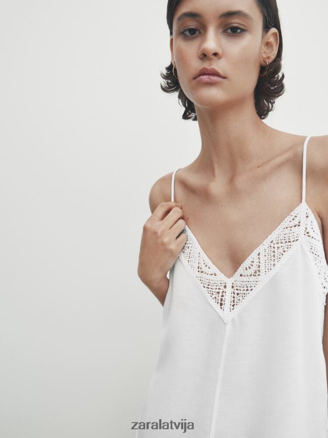 siksnu tops ar tamborētu detaļu sievietes Zara austeru balts 6ZTV40846 apģērbs