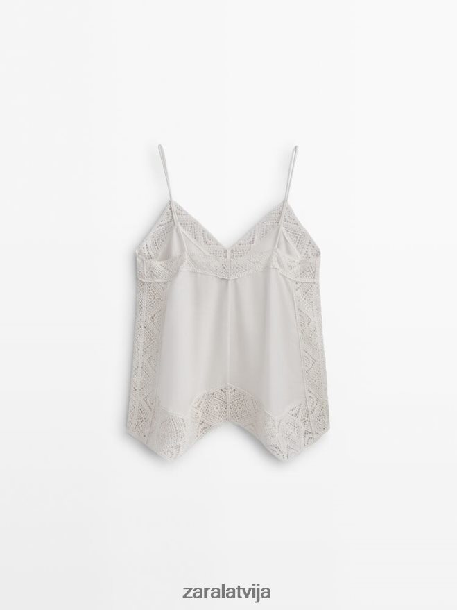 siksnu tops ar tamborētu detaļu sievietes Zara austeru balts 6ZTV40846 apģērbs