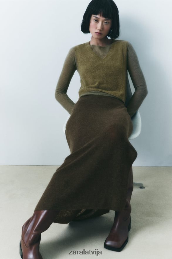 apgriezta adīta veste sievietes Zara olīvu zaļš 6ZTV40203 apģērbs