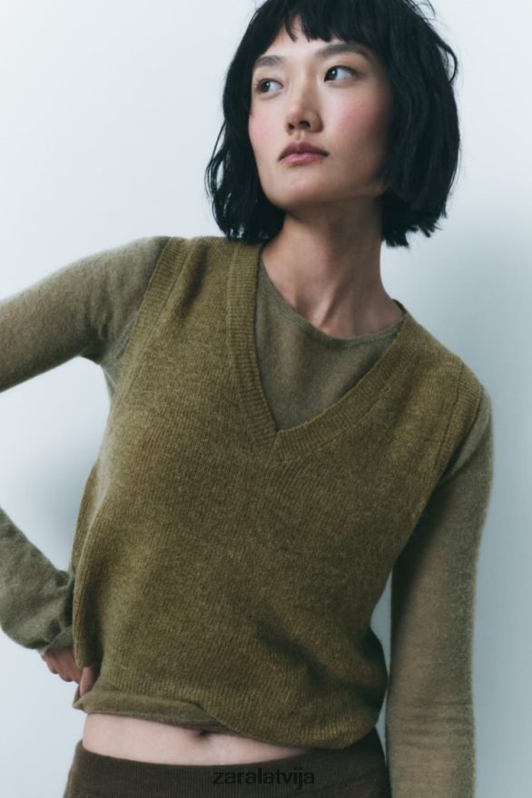 apgriezta adīta veste sievietes Zara olīvu zaļš 6ZTV40203 apģērbs