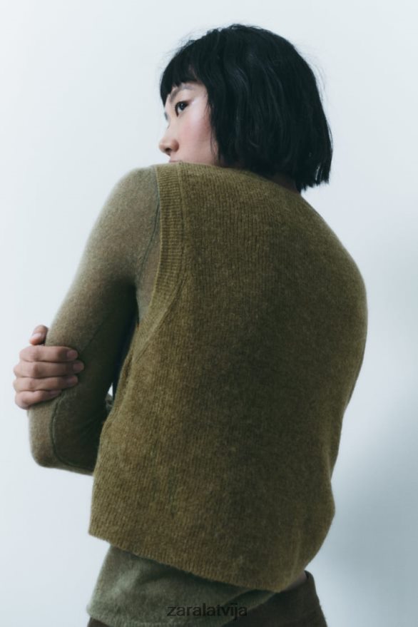 apgriezta adīta veste sievietes Zara olīvu zaļš 6ZTV40203 apģērbs