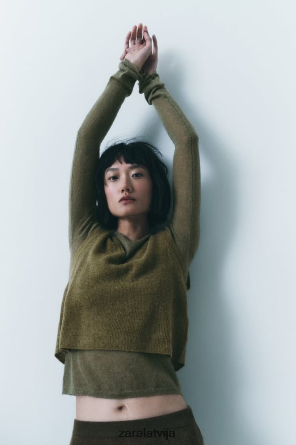 apgriezta adīta veste sievietes Zara olīvu zaļš 6ZTV40203 apģērbs