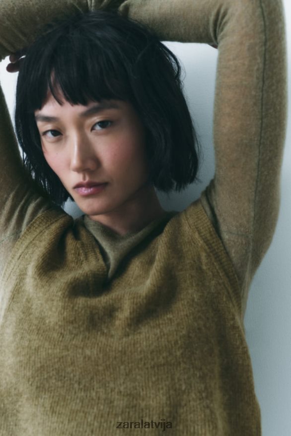 apgriezta adīta veste sievietes Zara olīvu zaļš 6ZTV40203 apģērbs