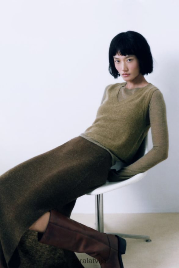 apgriezta adīta veste sievietes Zara olīvu zaļš 6ZTV40203 apģērbs