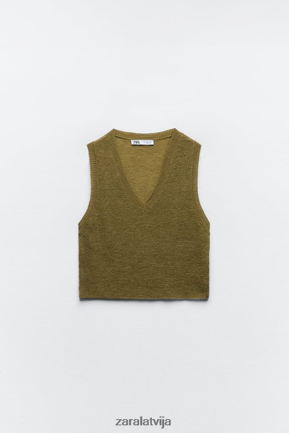 apgriezta adīta veste sievietes Zara olīvu zaļš 6ZTV40203 apģērbs