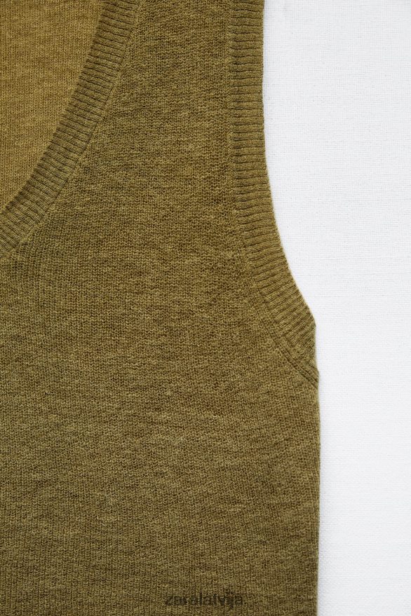 apgriezta adīta veste sievietes Zara olīvu zaļš 6ZTV40203 apģērbs