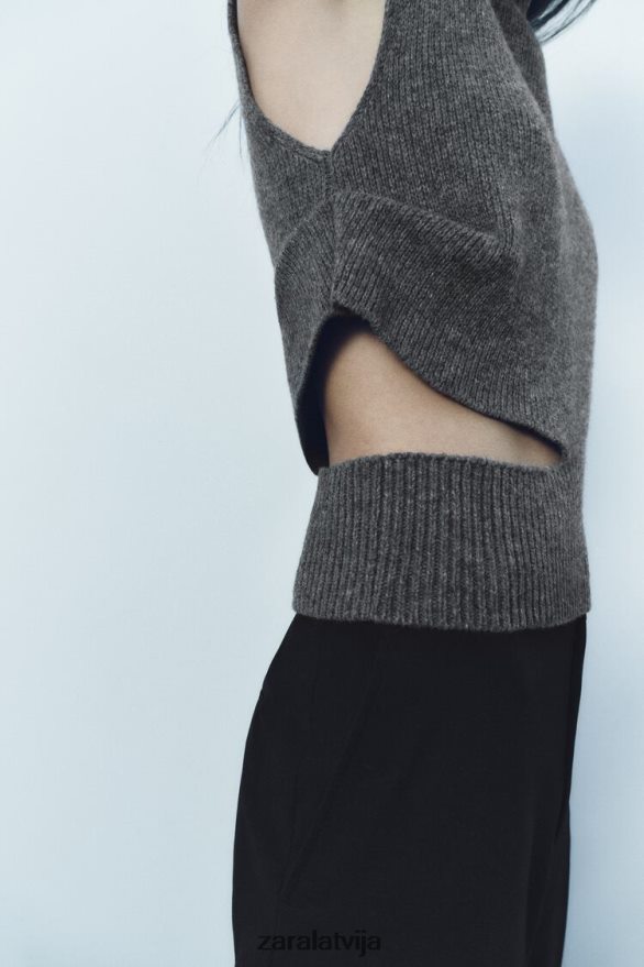 izgriezts adīts vilnas maisījuma džemperis sievietes Zara vidus pelēks 6ZTV40200 apģērbs
