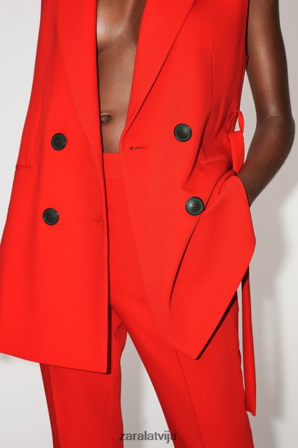 veste ar garu jostu sievietes Zara sarkans 6ZTV40209 apģērbs