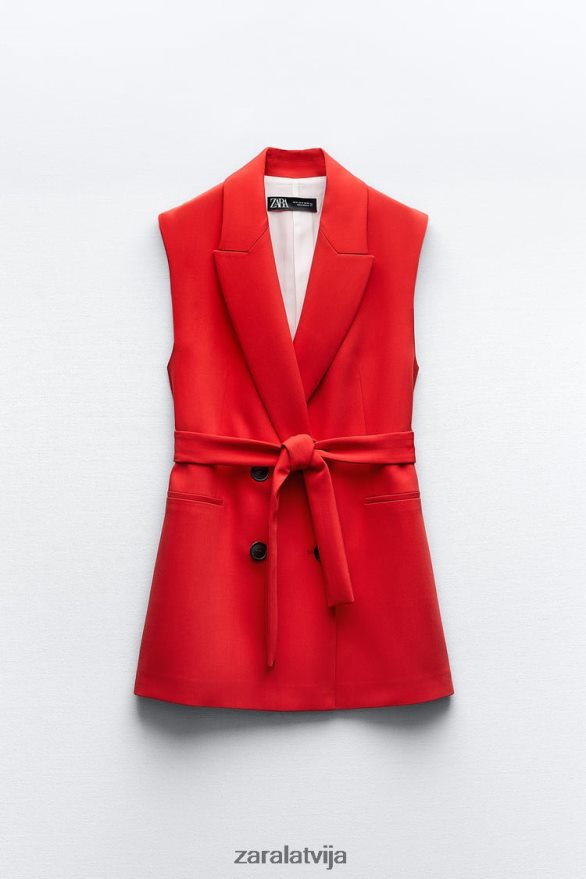 veste ar garu jostu sievietes Zara sarkans 6ZTV40209 apģērbs