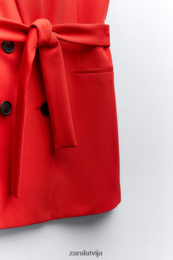 veste ar garu jostu sievietes Zara sarkans 6ZTV40209 apģērbs