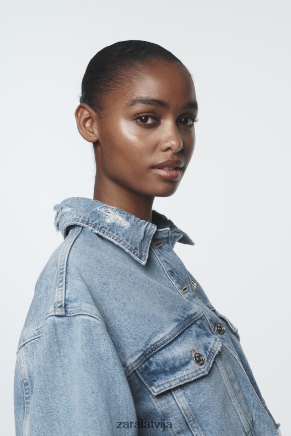 apgriezta saplēsta z1975 džinsa jaka sievietes Zara vidus zils 6ZTV4056 apģērbs