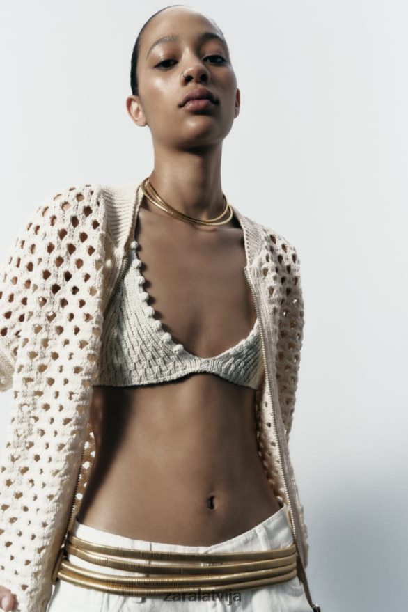 atvērta adīta bomber jaka sievietes Zara ekru 6ZTV40133 apģērbs