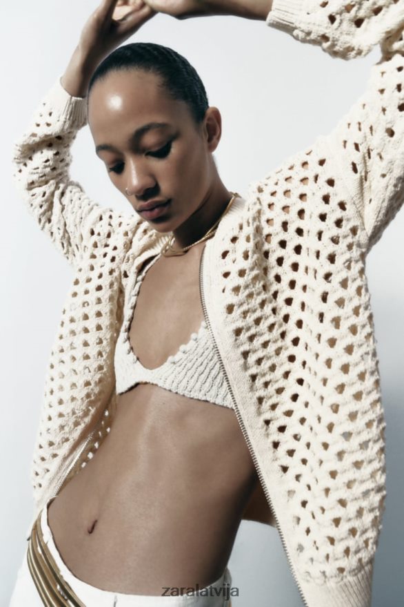 atvērta adīta bomber jaka sievietes Zara ekru 6ZTV40133 apģērbs