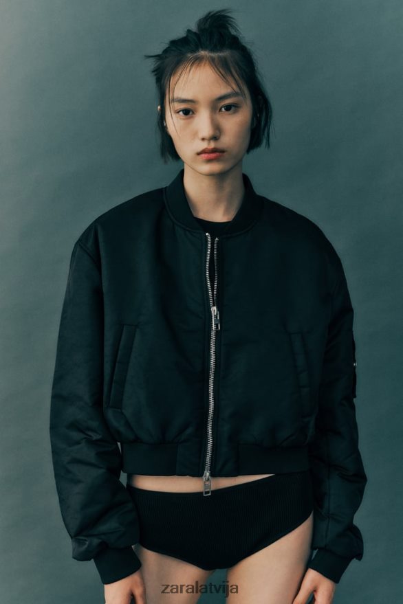 crop neilona bomber jaka sievietes Zara melns 6ZTV4015 apģērbs