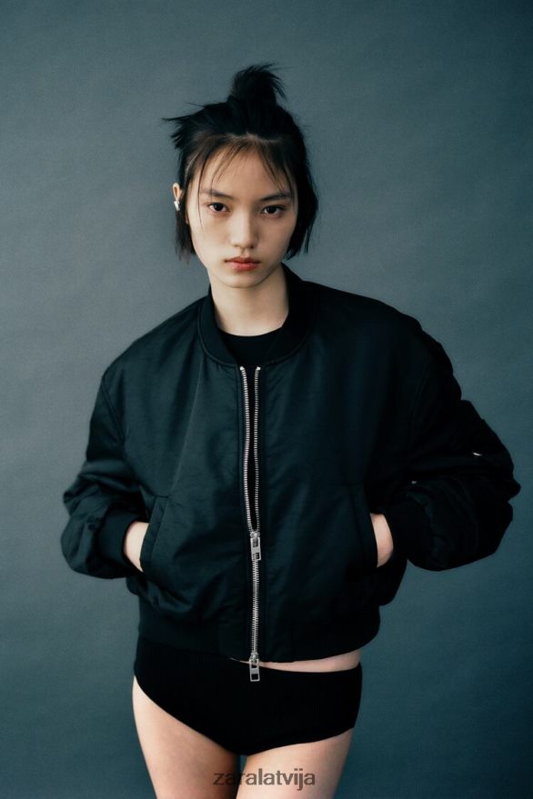 crop neilona bomber jaka sievietes Zara melns 6ZTV4015 apģērbs