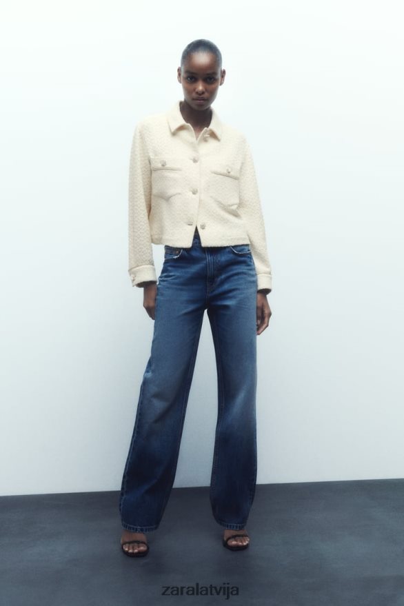 dārgakmens pogas apgriezta jaka sievietes Zara ekru 6ZTV4080 apģērbs