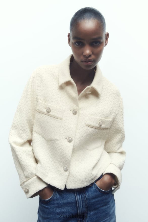 dārgakmens pogas apgriezta jaka sievietes Zara ekru 6ZTV4080 apģērbs