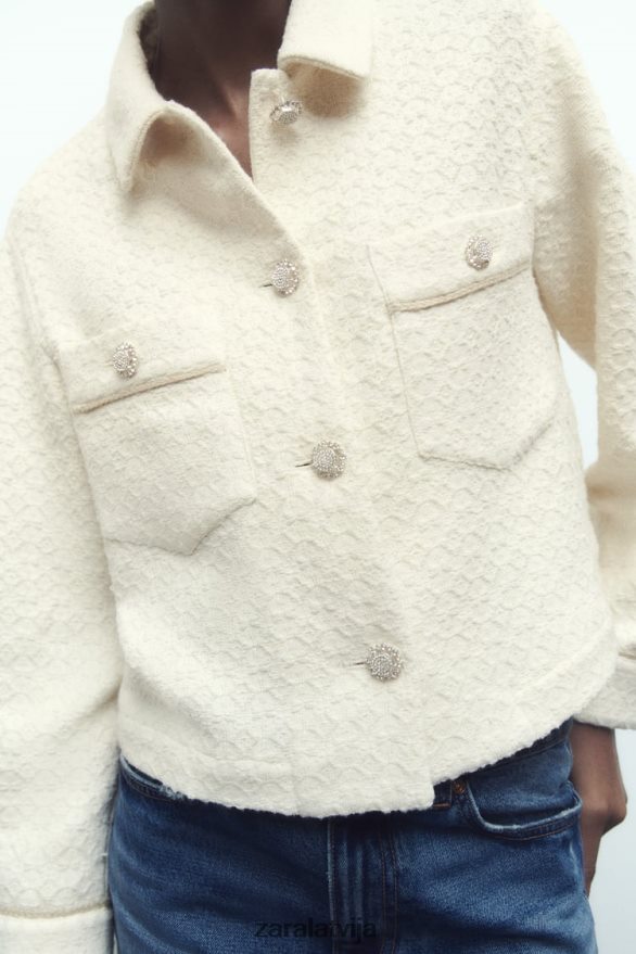dārgakmens pogas apgriezta jaka sievietes Zara ekru 6ZTV4080 apģērbs