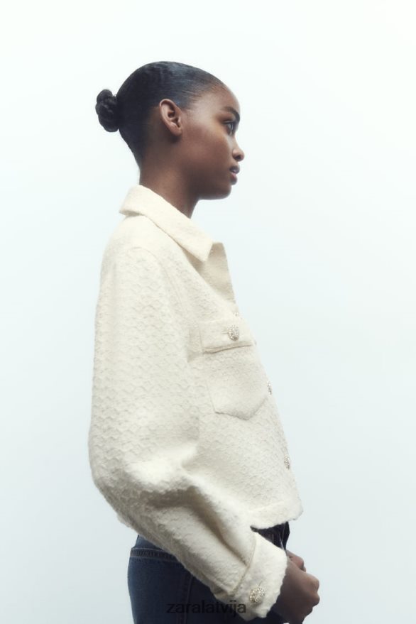 dārgakmens pogas apgriezta jaka sievietes Zara ekru 6ZTV4080 apģērbs