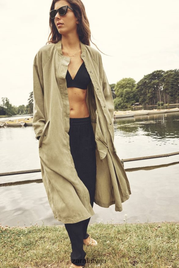 garš lina mētelis sievietes Zara haki 6ZTV4077 apģērbs