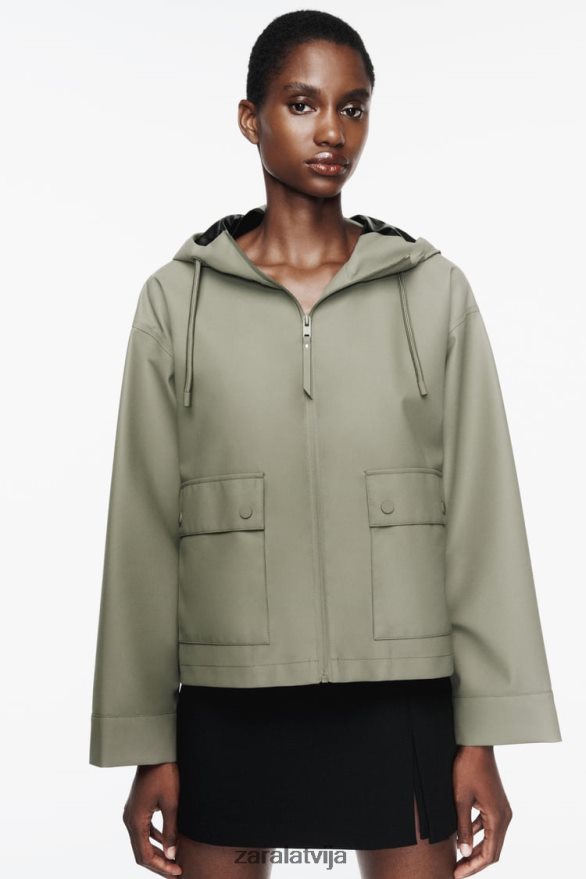 gumijots lietusmētelis ar kapuci sievietes Zara haki 6ZTV40109 apģērbs