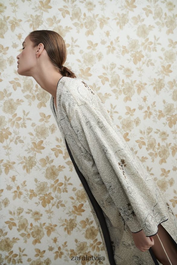 izšūts apdrukāts kimono sievietes Zara austeru balts 6ZTV40132 apģērbs