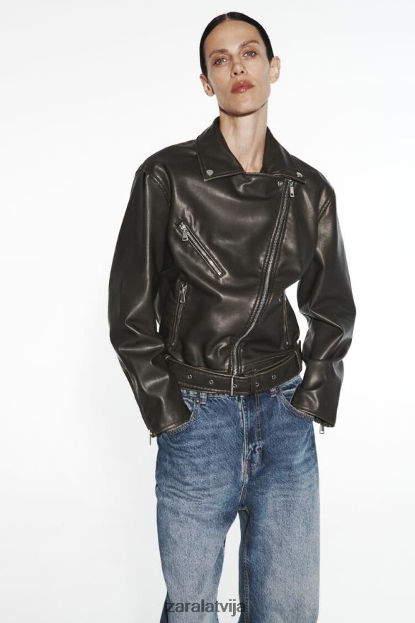 nomocīta mākslīgās ādas motociklistu jaka sievietes Zara melns 6ZTV40119 apģērbs