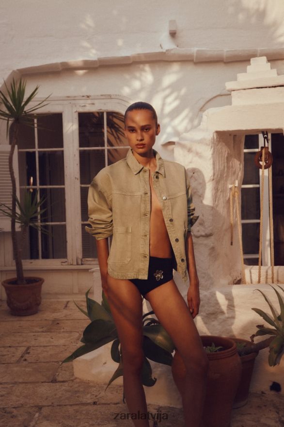 plākstera kabatas džinsa jaka sievietes Zara gaišs haki 6ZTV40104 apģērbs