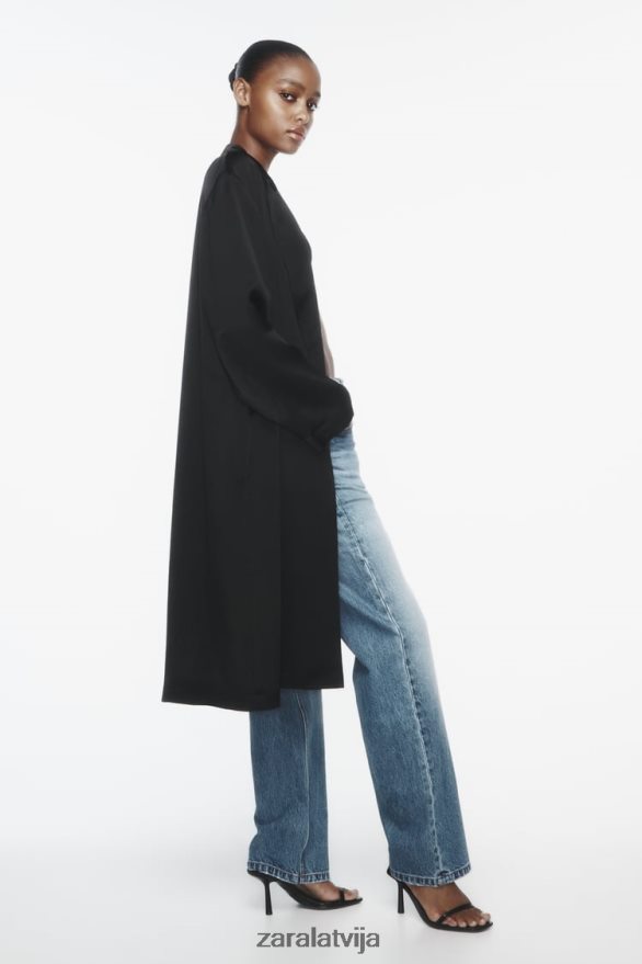 satīna efekta trenčs sievietes Zara melns 6ZTV40135 apģērbs