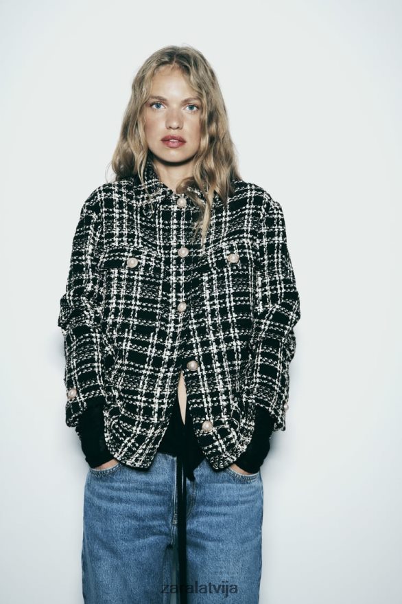 teksturēts rūtains virskrekls sievietes Zara melns/ekru 6ZTV408 apģērbs