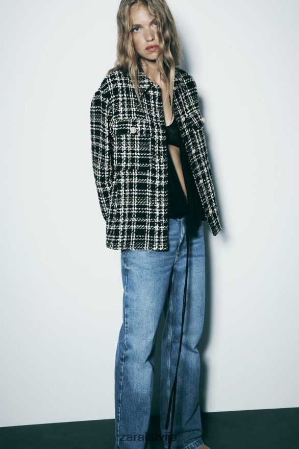 teksturēts rūtains virskrekls sievietes Zara melns/ekru 6ZTV408 apģērbs