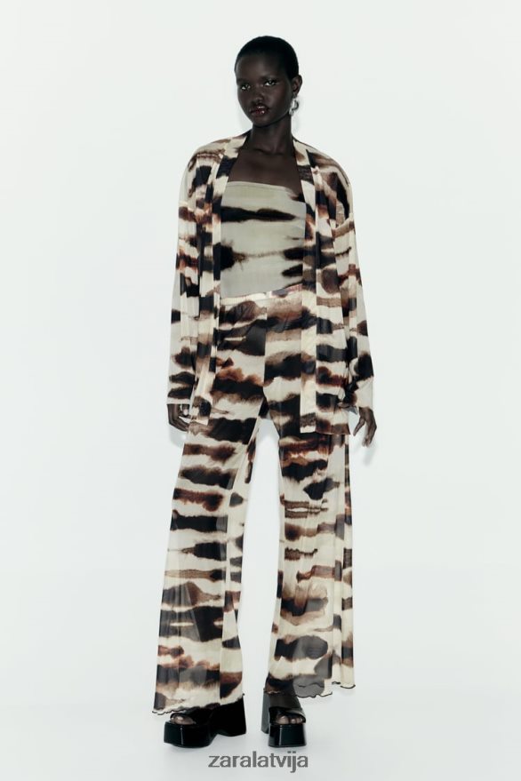 tilla kimono ar kaklasaites apdruku sievietes Zara ekrū/brūns 6ZTV4096 apģērbs