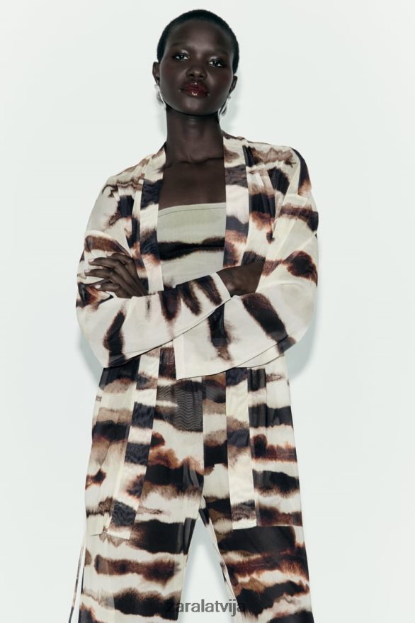 tilla kimono ar kaklasaites apdruku sievietes Zara ekrū/brūns 6ZTV4096 apģērbs