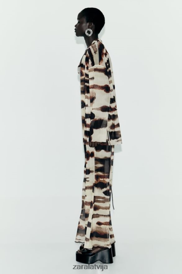 tilla kimono ar kaklasaites apdruku sievietes Zara ekrū/brūns 6ZTV4096 apģērbs