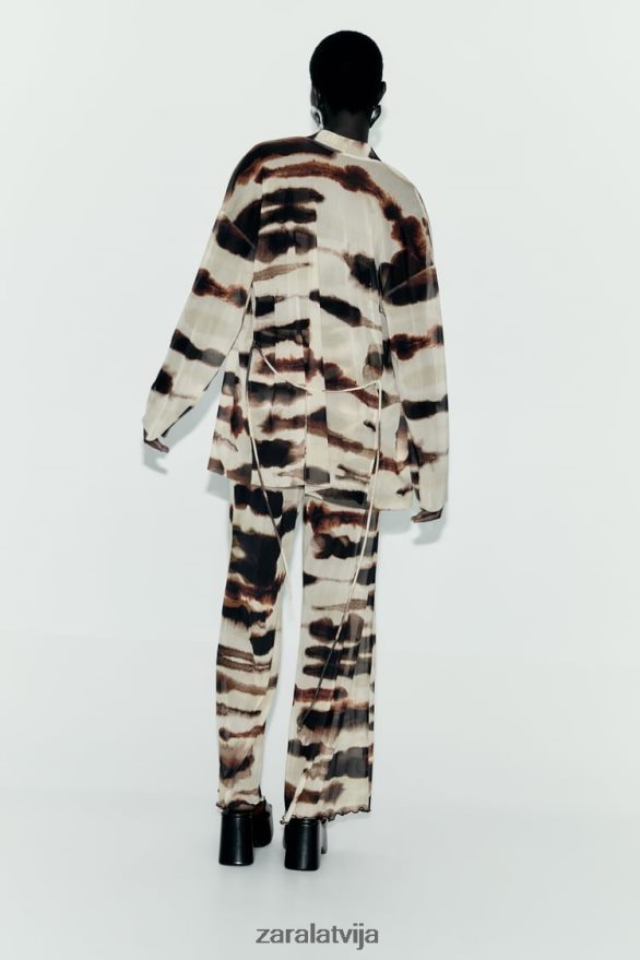 tilla kimono ar kaklasaites apdruku sievietes Zara ekrū/brūns 6ZTV4096 apģērbs