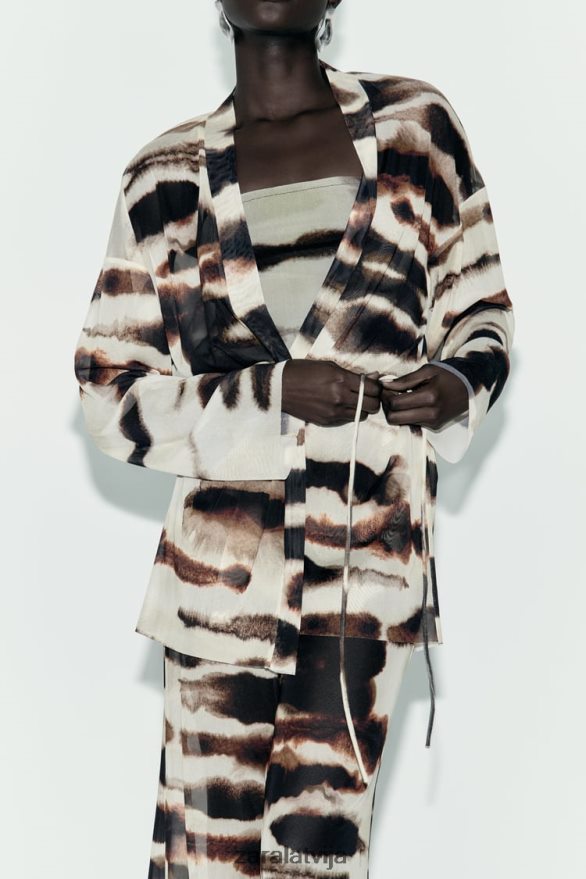 tilla kimono ar kaklasaites apdruku sievietes Zara ekrū/brūns 6ZTV4096 apģērbs