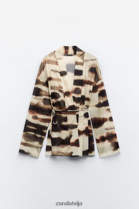 tilla kimono ar kaklasaites apdruku sievietes Zara ekrū/brūns 6ZTV4096 apģērbs