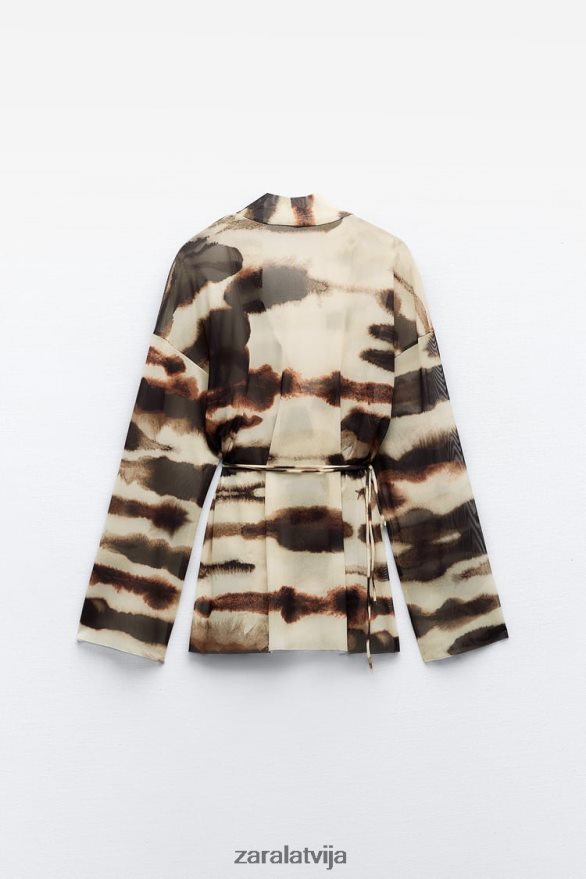 tilla kimono ar kaklasaites apdruku sievietes Zara ekrū/brūns 6ZTV4096 apģērbs