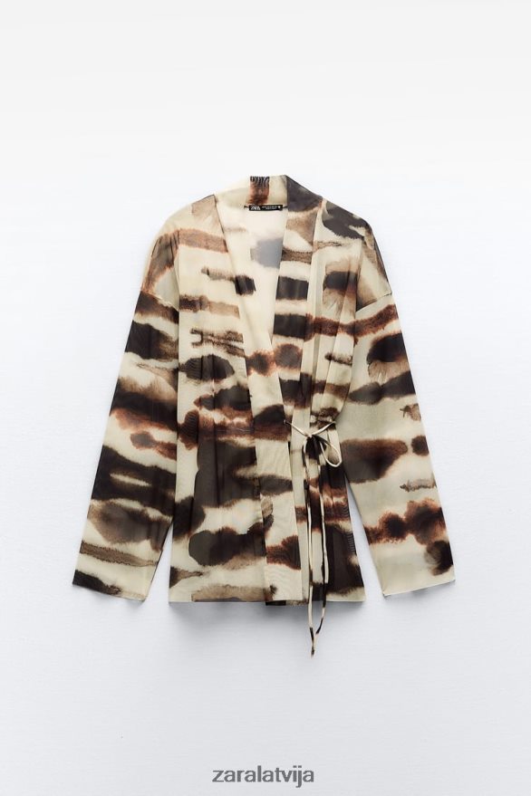 tilla kimono ar kaklasaites apdruku sievietes Zara ekrū/brūns 6ZTV4096 apģērbs