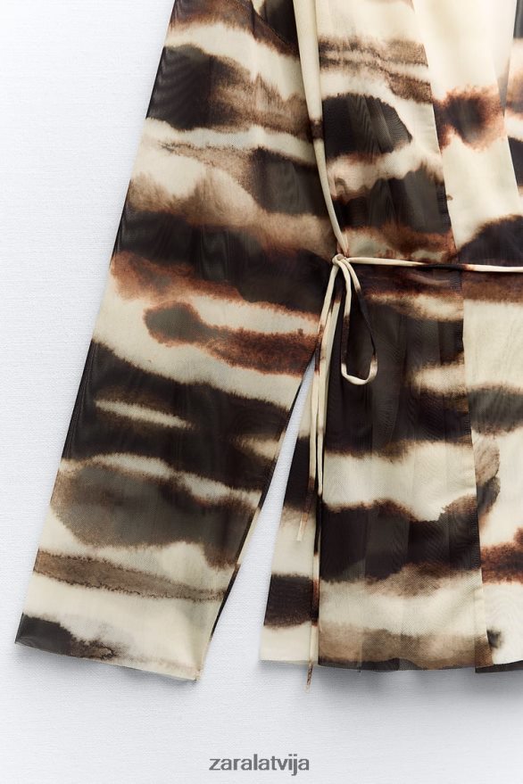 tilla kimono ar kaklasaites apdruku sievietes Zara ekrū/brūns 6ZTV4096 apģērbs