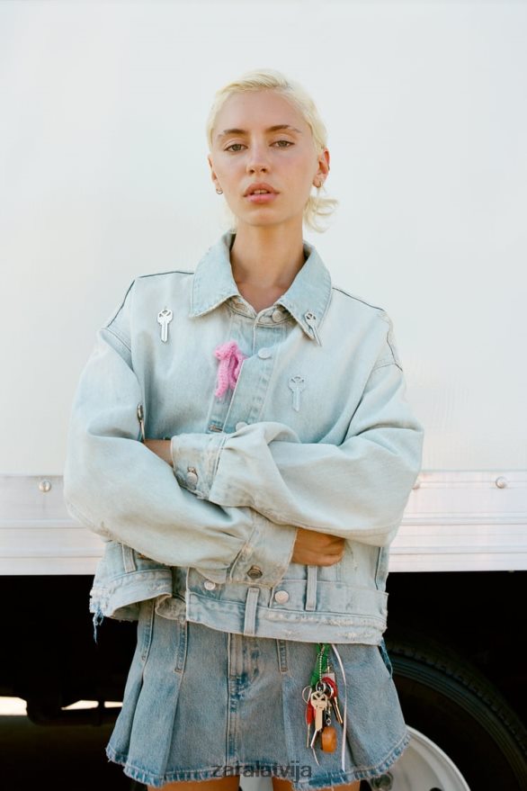 trf džinsa jaka ar bikšu stila vidukli sievietes Zara gaiši zils 6ZTV40114 apģērbs