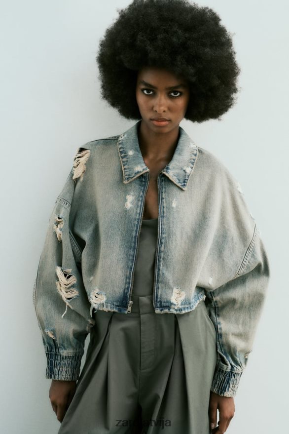 trf ripped crop džinsa jaka sievietes Zara zils 6ZTV4051 apģērbs