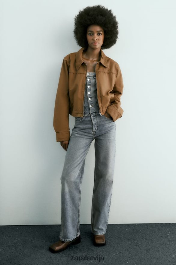 vaskota kokvilnas crop jaka sievietes Zara brūns 6ZTV4088 apģērbs