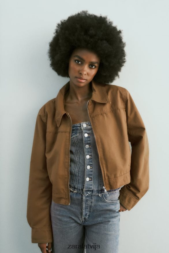 vaskota kokvilnas crop jaka sievietes Zara brūns 6ZTV4088 apģērbs