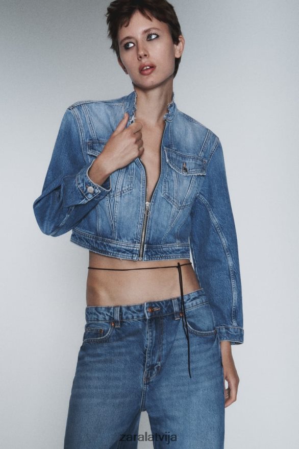 z1975 nobružāta apgriezta džinsa jaka sievietes Zara vidus zils 6ZTV40124 apģērbs