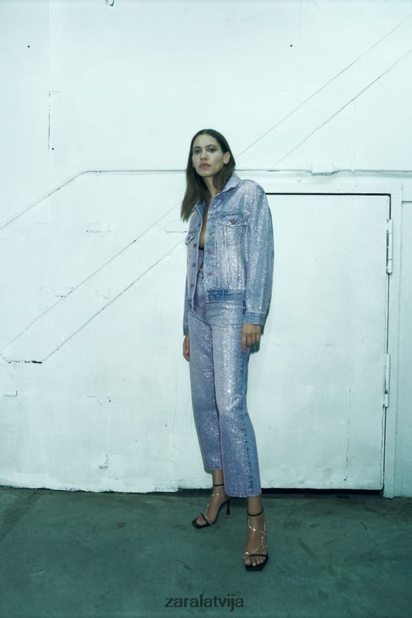 zw rhinestone džinsa jaka sievietes Zara izbalējis zils 6ZTV40126 apģērbs