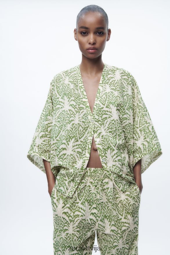 apdrukāta kokvilnas blūze sievietes Zara zaļš 6ZTV40447 apģērbs