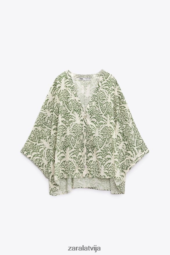 apdrukāta kokvilnas blūze sievietes Zara zaļš 6ZTV40447 apģērbs