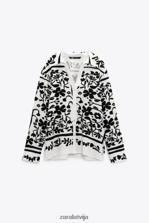 apdrukāts lina maisījuma krekls sievietes Zara ekrū/melns 6ZTV40378 apģērbs